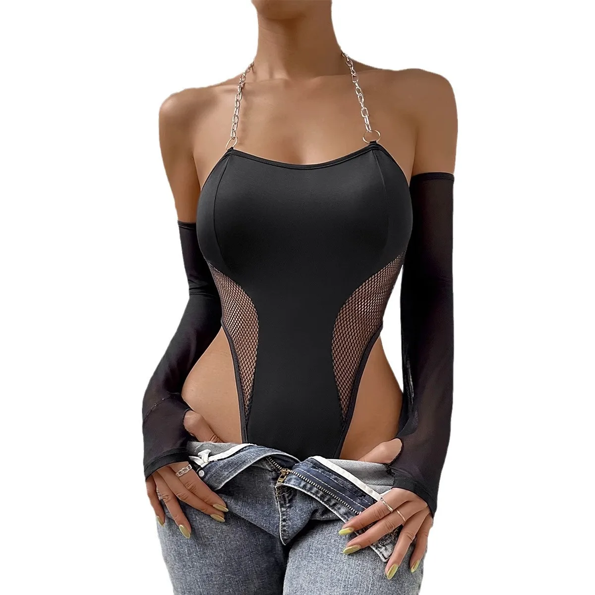 

Women's Sexy Backless Lingerie Set with Metal Chain Halter Neck Hollow Waist Bodysuit And Gloves Bodycon Solid Color Lingerie