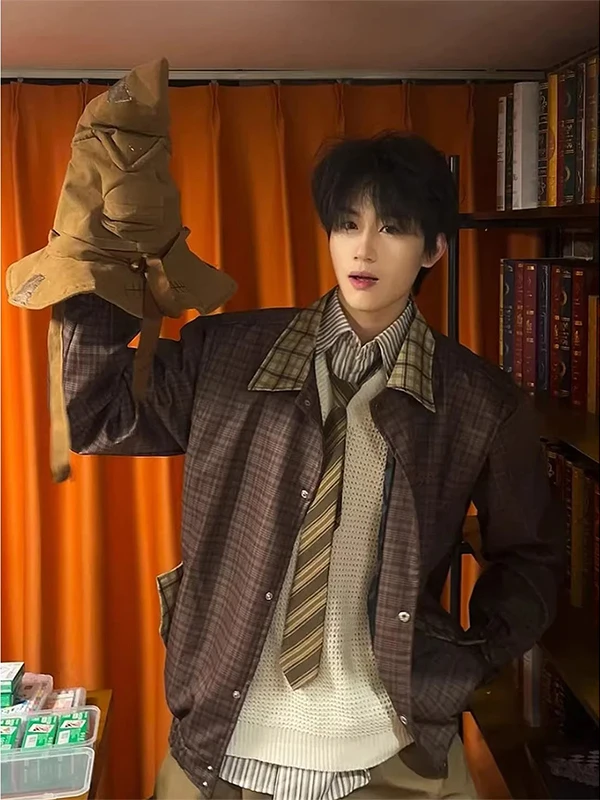 

Корейская мужская весенняя куртка в клетку с лоскутным воротником, высококачественная, свободного кроя, повседневная, в бейсбольном стиле, модная верхняя одежда