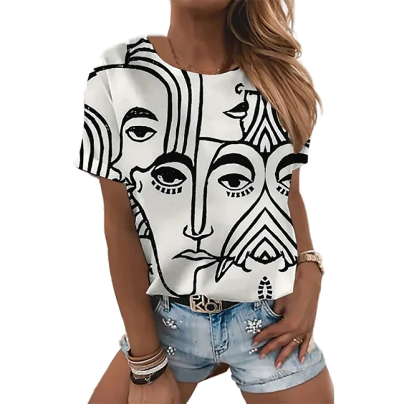 Abstract Face Graphic 3D Print T-shirt Women Short Sleeve T Shirts Streetwear Harajuku Oversized Y2k Tops Tees Woman Clothing