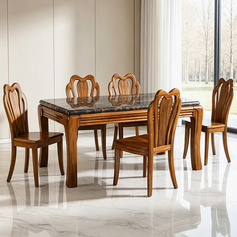 Ebony Treasures, New Chinese All Solid Wood Long Dining Table, Natural Marble Household Dining Table, Ebony Dining Table