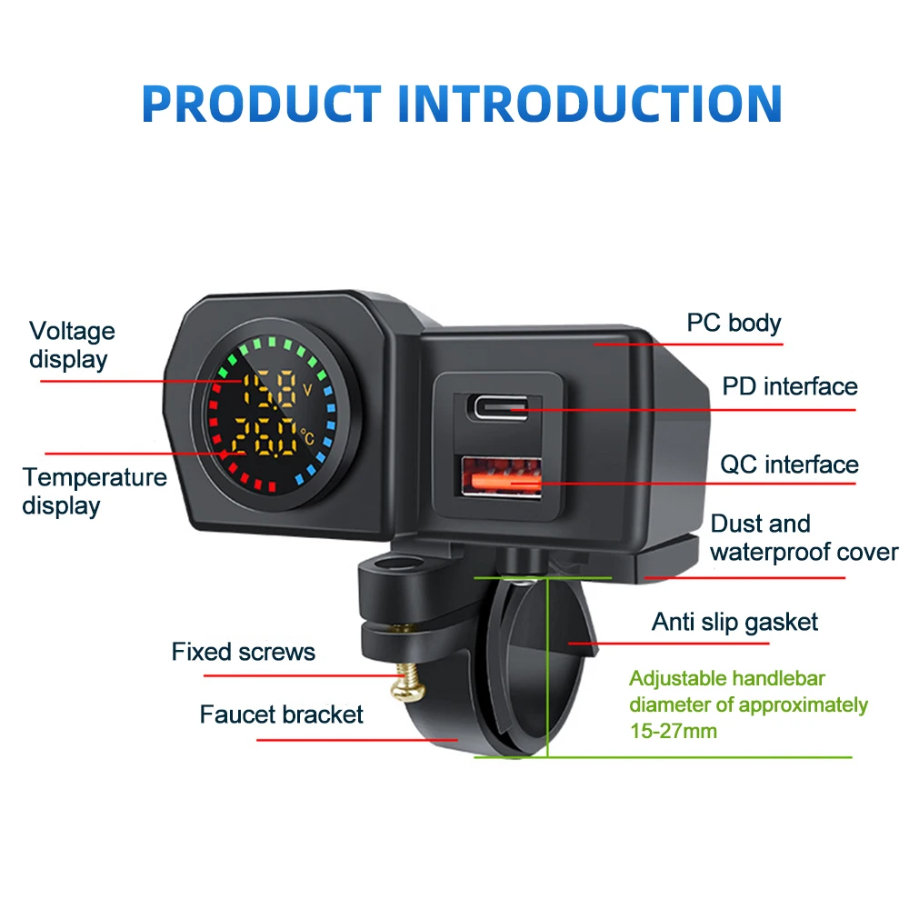 USB C 타입 고속 충전 오토바이 충전기 플러그, 전압계 온도계 디지털 디스플레이, 60W 오토바이 QC3.0 PD 충전기 소켓