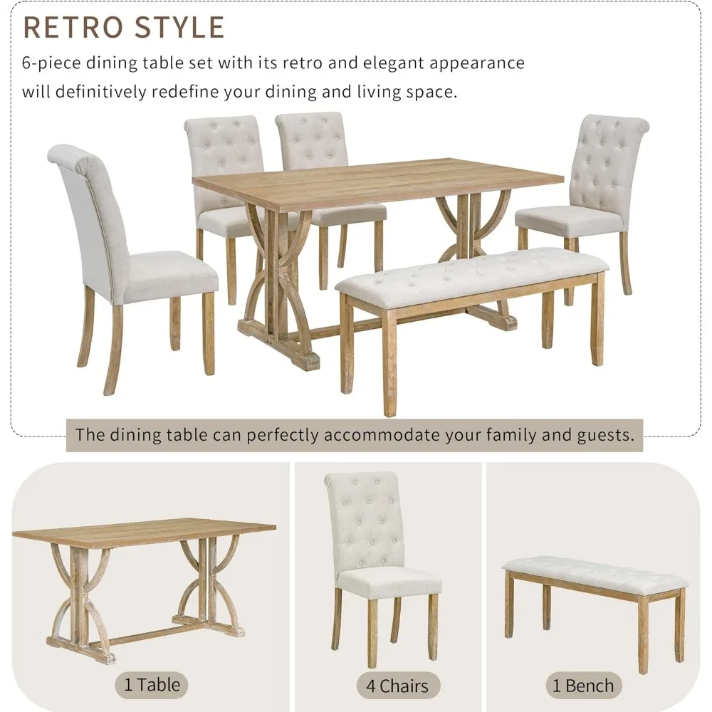 6 Pieces Wood Dining Table Set with Bench, Retro Rectangular Table with Unique Legs and 4 Upholstered Chairs & 1 Bench