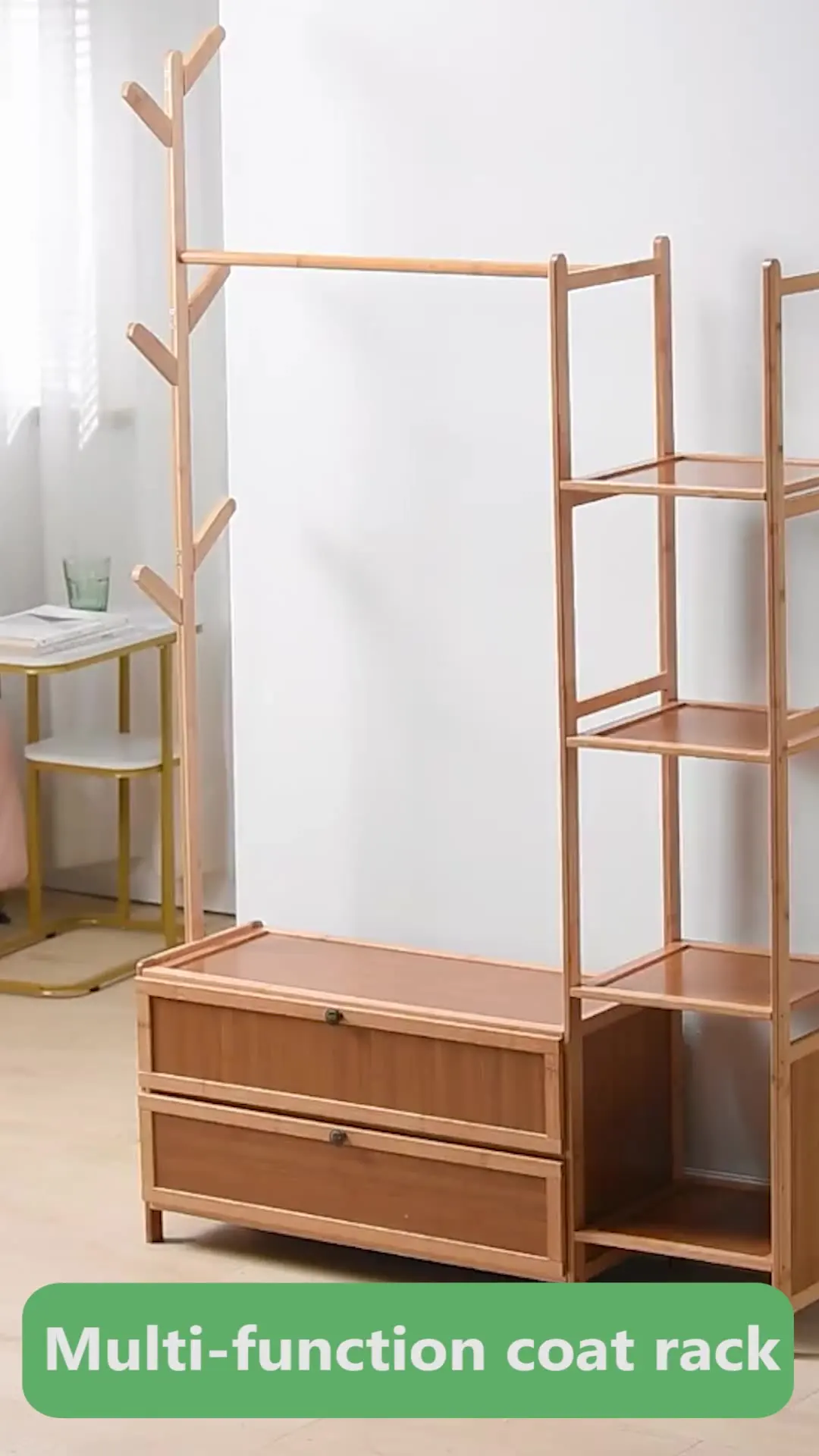 Living Room Furniture Coat Rack Bamboo Wooden Clothes Tree Hallstand Hat Jacket Handbag Hanger With Storage Shelf Drawers