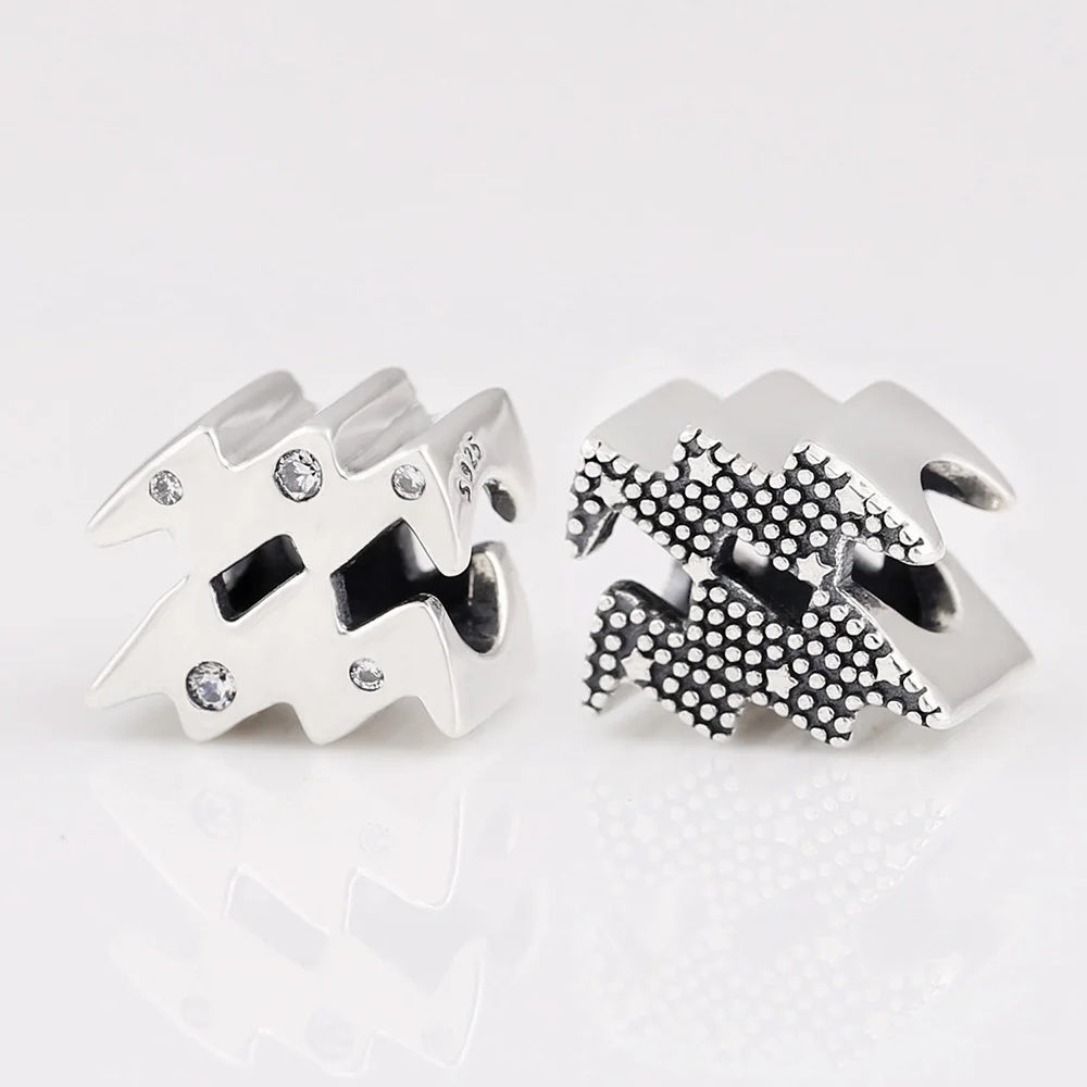 925 Sterling Silver Bead 12 Sparkling Zodiac Aquarius Aries Cancer Leo Charm Fit Fashion Women Bracelet Bangle Gift DIY Jewelry