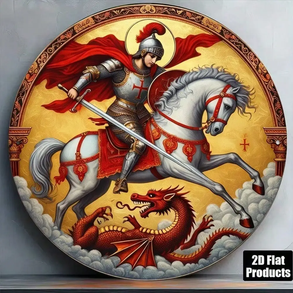 Flat Round Sign Vintage St.George Slaying The Dragon Plaque 8x8in Knight Decor Metal Sign