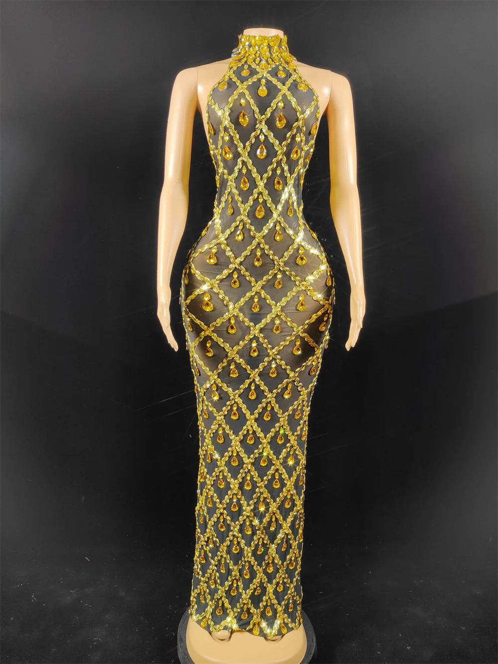 Przezroczysta Sukienka Sceniczna dla Piosenkarki, Klubu, Gospodyni, Kobiety, Seksowna, Błyszcząca Sukienka Wieczorowa na Bal, Urodziny, z Cyrkoniami i Cekinami