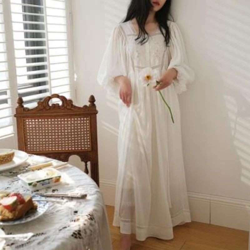 Vintage Embroidered Cotton Nightgowns Women Spring Autumn Princess Sleepwear Lace Peignoir Nightwear Victorian Long Night Dress