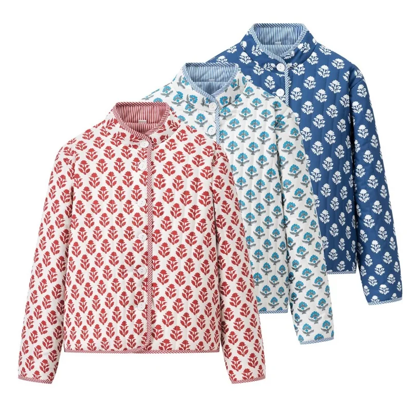 

Autumn Winter Women Double Sided Printed Stand Collar Long Sleeve Buttons Decoration Jacket Coat Female Casual Wear 2025 New