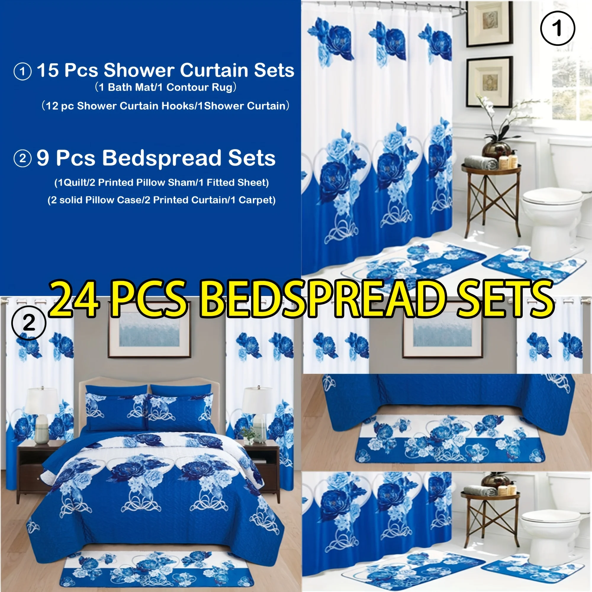 

24pcs Bedspread Set 9pcs Quilt Set with 15pcs Shower Curtain Set Exquisite Pattern Modern Style Skin-friendly & Comfortable All