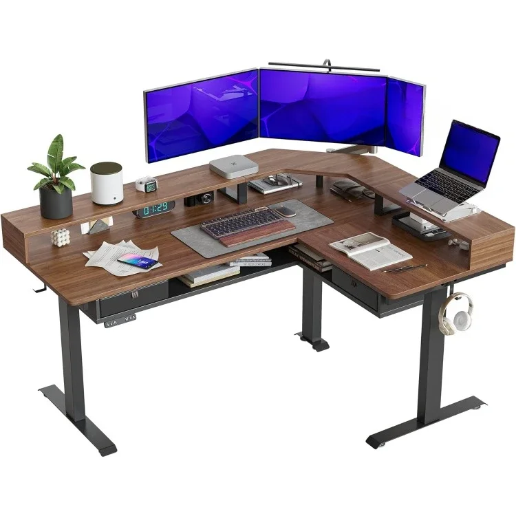 L Shaped Standing Desk with LED Strip & 2 Drawers, Triple Motors Supports Over 300lbs, Upper and Lower Storage Shelves Available