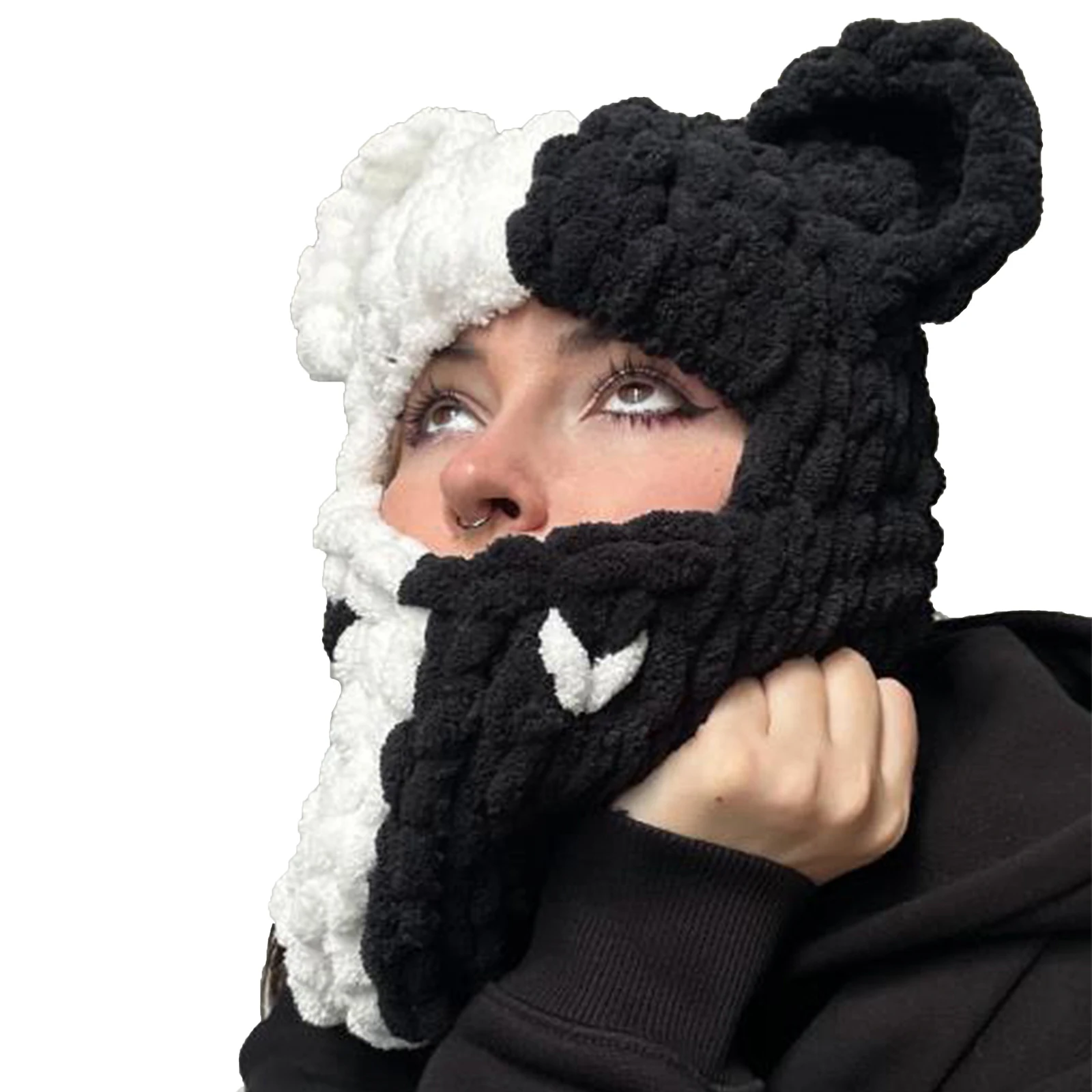 

Two colors Crochet Knitted Bear Ears Hats for Women Beanie Winter Ski Mask Apparel Accessories Balaclava Windproof Skullies