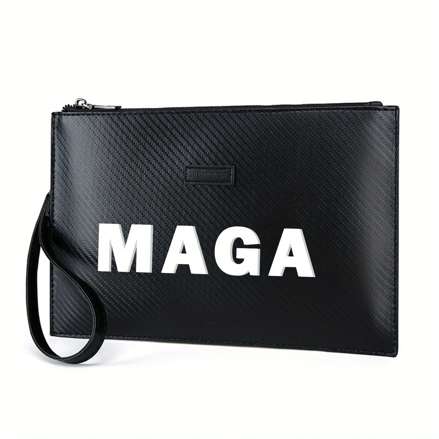 กระเป๋าถือผู้ชายหนัง PU พิมพ์ลายตัวอักษรสีขาวตัวหนาบนพื้นสีดำ ดีไซน์หรูหรา ทันสมัย และใช้งานได้จริงสำหรับการใช้งานในชีวิตประจำวัน