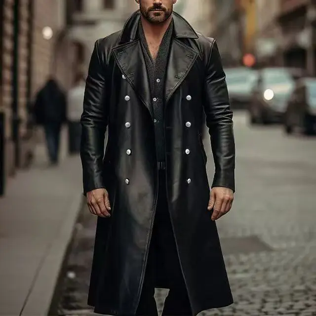 Extra Large Size Men's Double-Breasted Pu Leather Windproof Coat, with Lapels, Long Sleeves, Knee-Length Black Windbreaker, Punk and Gothic Style, Medieval Steampunk Trench Coat, Plague Doctor, Cosplay, Men's Casual Ev