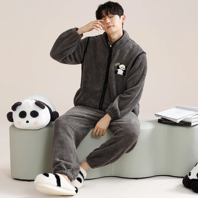 Winter Men\'s Pajamas Set Flannel Long-sleeve Zipper Sleepwear Thick Warm Coral Fleece Loungewear Funny Panda Fleece Men Homewear