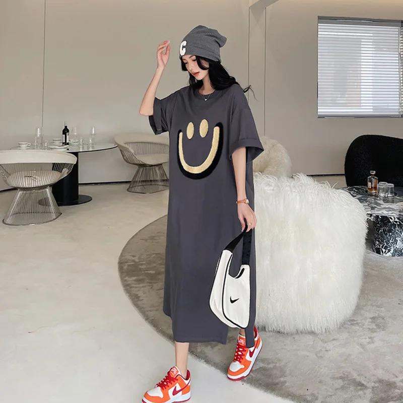 #6118 Black Gray Cartoon Printed T Shirt Dress Short Sleeve Loose Pockets Straight Ladies Dresses Ankle-length O-neck Vestidos