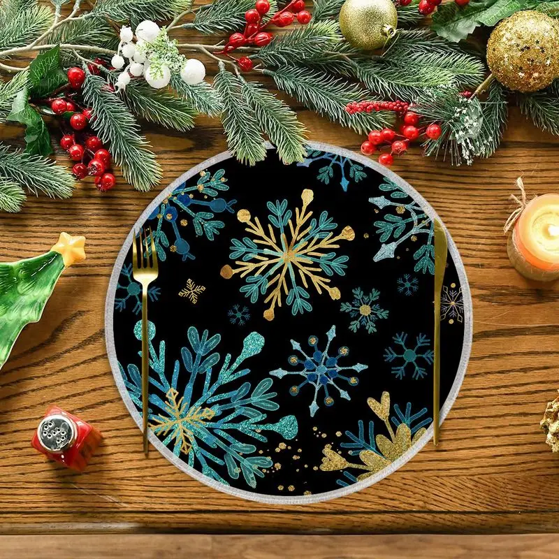 Blue Hat Hand-Held Crutch Goblin Circular Christmas Placemat, Wear-Resistant Plate Mat, Home Dining Table Decoration Placemat