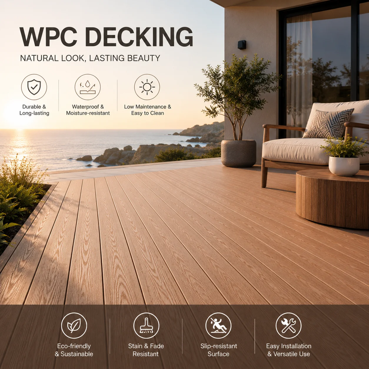 Tarima de WPC, Suelo Compuesto para Exteriores, Resistente al Agua, Tablero de Madera y Plástico para Jardín, Patio, Terraza, Balcón, Piscina, Privacidad