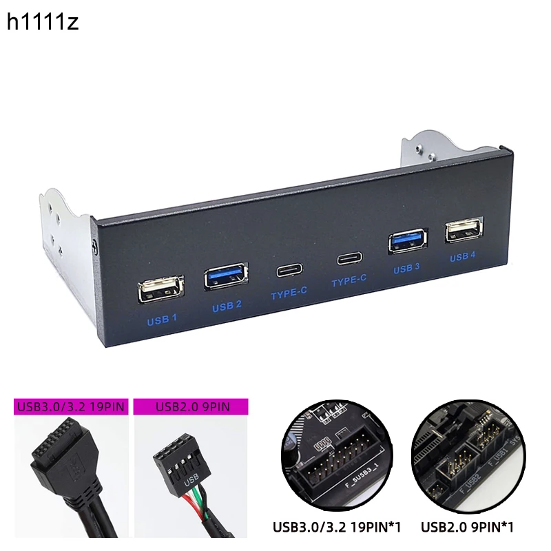 Panel Frontal USB 3,0 para escritorio, Bahía de CD-ROM de 5,25 pulgadas, USB3.0/3,2, 19Pin, USB2.0, 9Pin a 2x, USB tipo C + 2x, USB3.0 + 2x, HUB