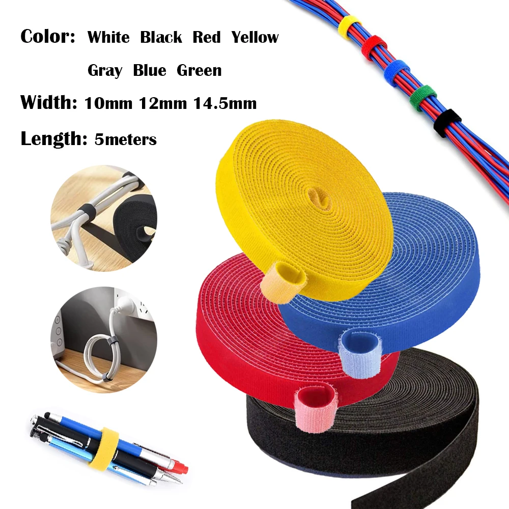 5M/Roll Reusable Self-Adhesive Cable Ties, Hook Loop Fastener Straps for Wire Organizer, 10/12/14.5mm Width