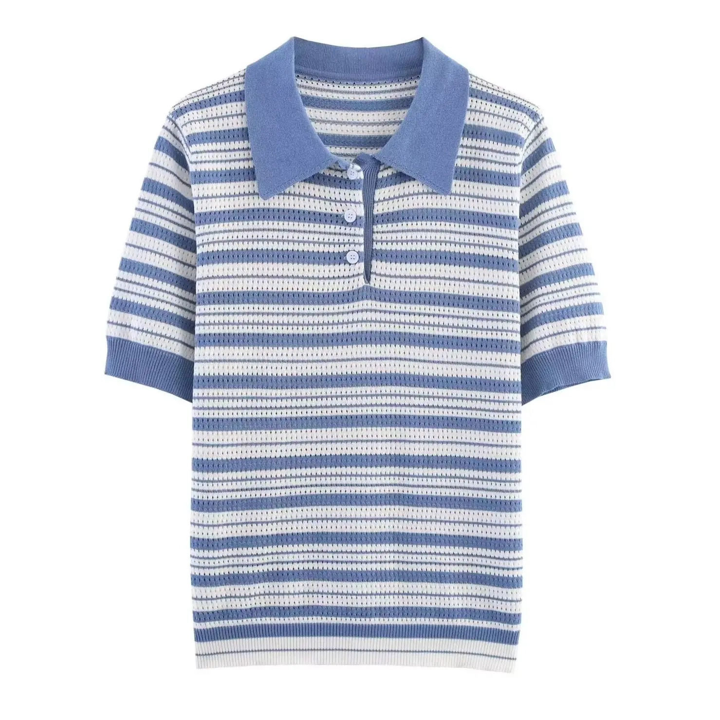 

KONDALA Chic 2025 модный полосатый вязаный прямой свитер с короткими рукавами и пуговицами, повседневный женский элегантный трикотаж с отложным воротником