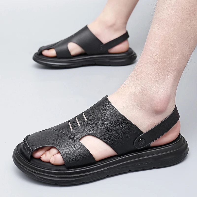 Mens Leather Sandals Summer Classic Mens Slippers Soft Sandals Fashion Casual Comfortable Outdoor Beach Walking Shoes