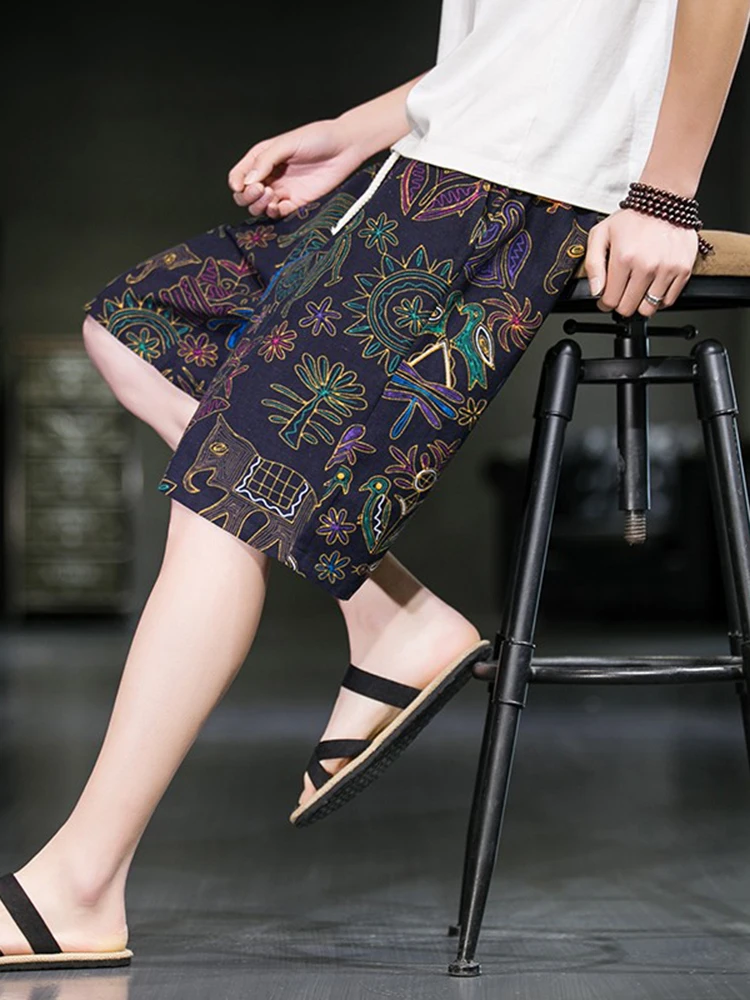 

Новые мужские шорты в китайском стиле, летние тонкие повседневные пляжные брюки, свободные прямые брюки до колена с принтом, молодежная летняя мода