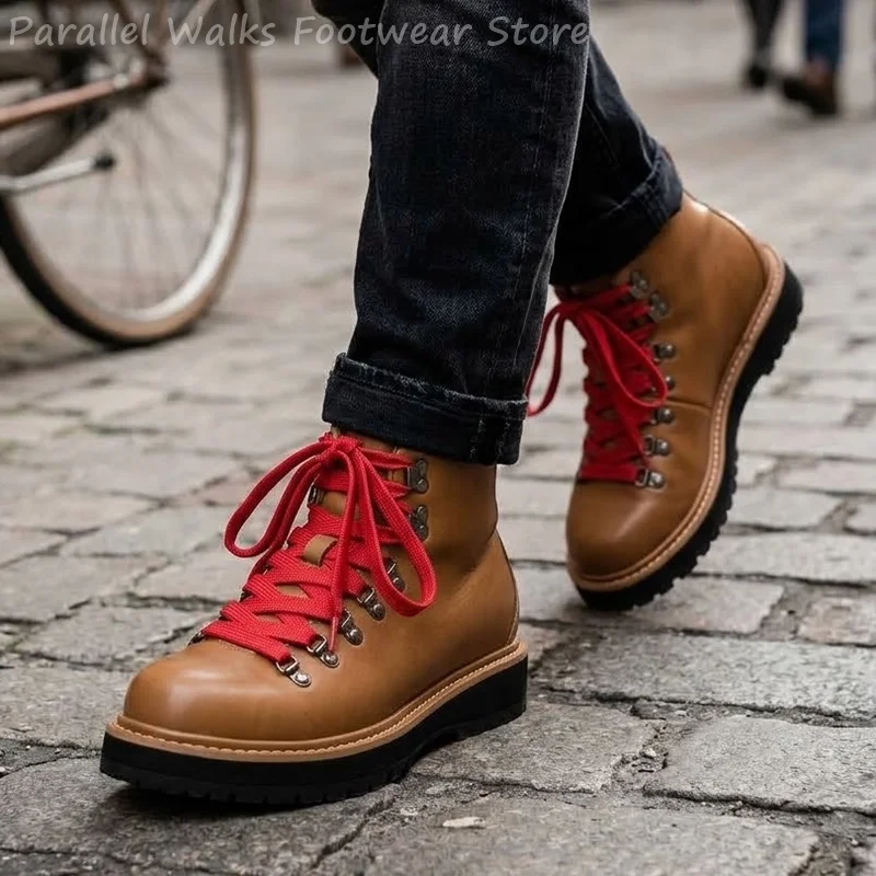 Mens Retro Hiking Boots Chunky Lug Sole Lace Up D-Ring Ankle Boots Contrast Red Laces Outdoor Mountain Work Combat Casual Shoes