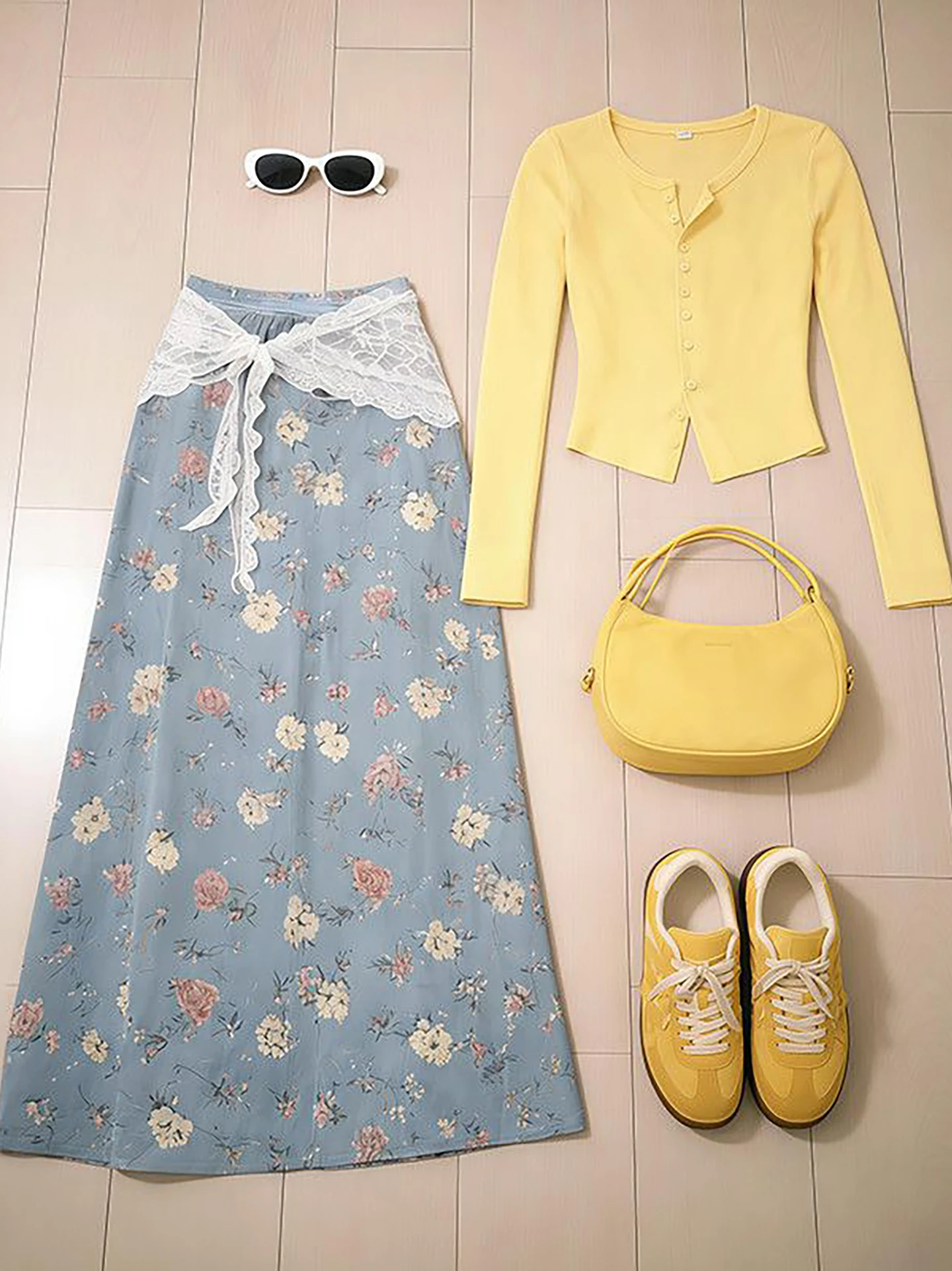 

New Gentle Dopaamine Yellow Knitted Open Cardigan High Waist Floral Half Skirt Women Student Two Piece Set Fashionable Casual...