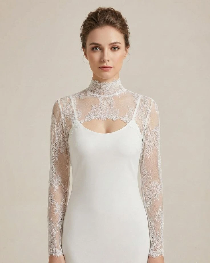 Customized High Neck Wedding Boleros Lace Full Sleeves Bride Shrugs Bridal Top Cover for Wedding Dress Formal Party Accessory