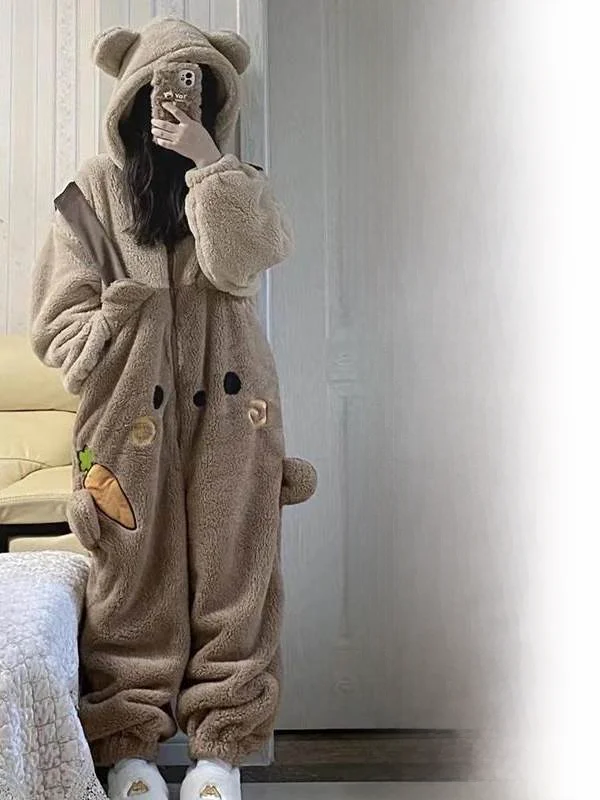 

plus Size Women's Bear Onesie Pajamas Thiened Home Clothes High Waist Long Pants Polyester Fiber Wide Leg Pants Spwear