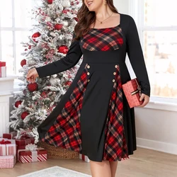 Świąteczna sukienka damska Plus Size Elegant Plaid Colorblock Button Decor Vintage A-line Festival Dress Party Wear 2024 Nowy Rok