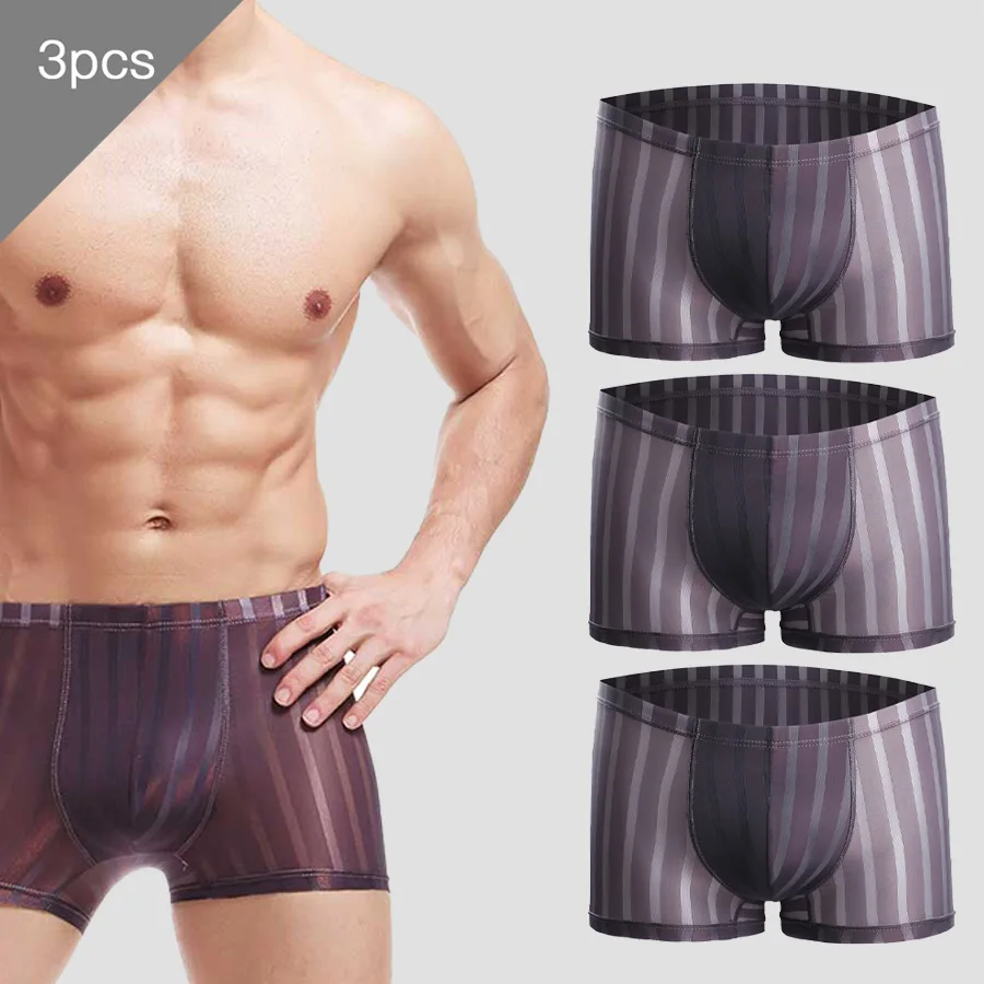 3 قطعة ملابس داخلية للرجال الرجال سراويل بوكسر الصيف تنفس الشباب موضة رقيقة سراويل بوكسر مثير الحرير الجليد الرياضة السروال