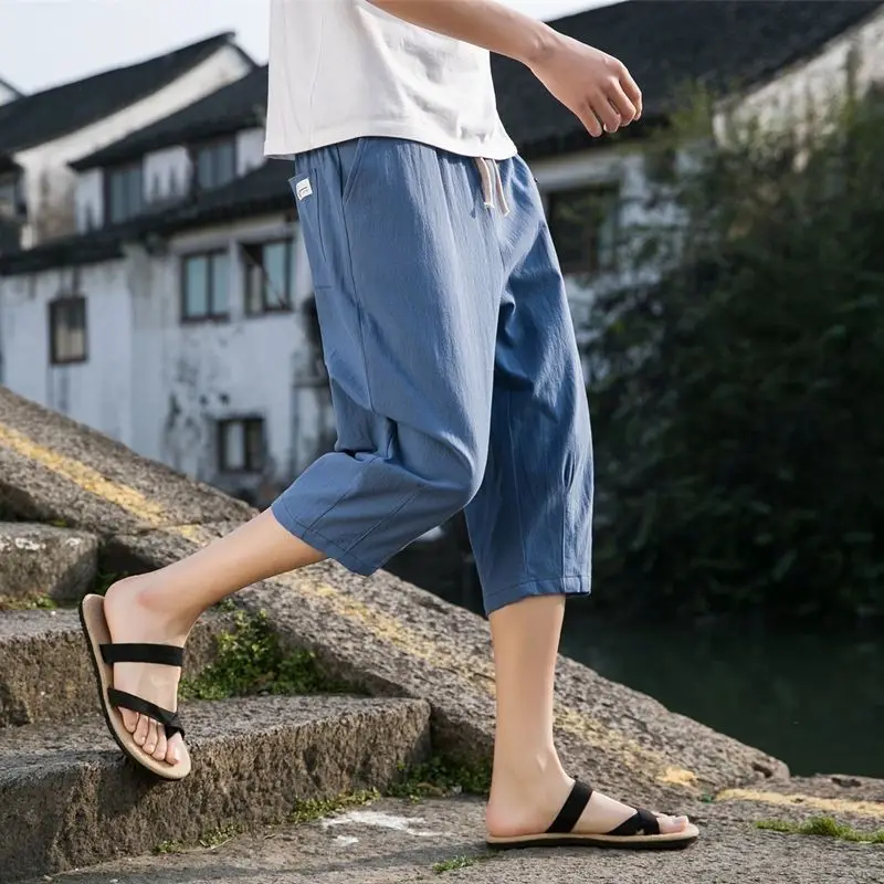 Men's Cotton Linen Knee-Length Casual Pants Summer Vintage Loose Thin Straight Tube Quick Dry Breathable Comfortable Shorts