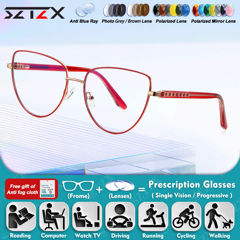 

SZTZX повседневные женские очки в оправе большого размера, мультифокальные очки по рецепту, анти-синий луч, оправа «кошачий глаз», близорукость, дальнозоркость, очки для чтения