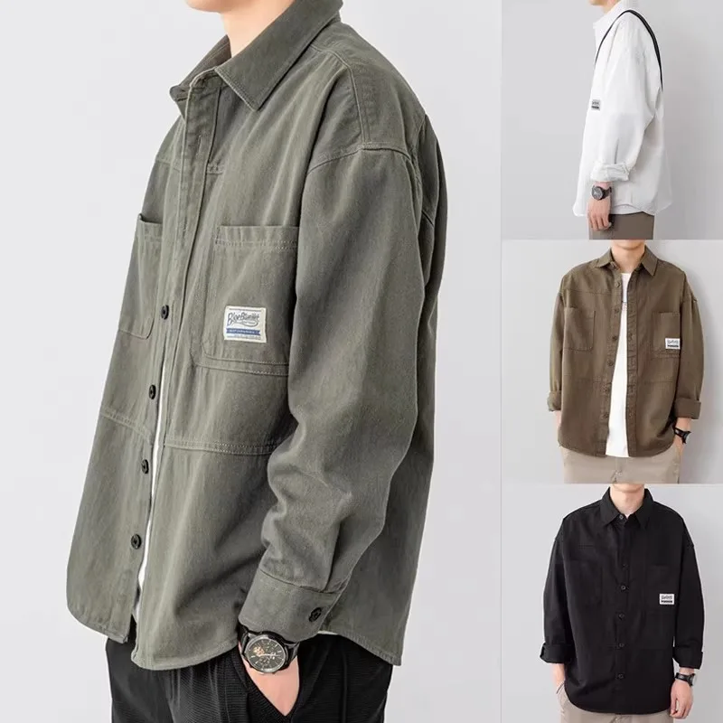 

Pop Autumn Long Sleeve Corduroy Shirts For Men Plain Y2K Vintage Cargo Shirt New Korean Fashion Loose Streetwear Blouses Clothes
