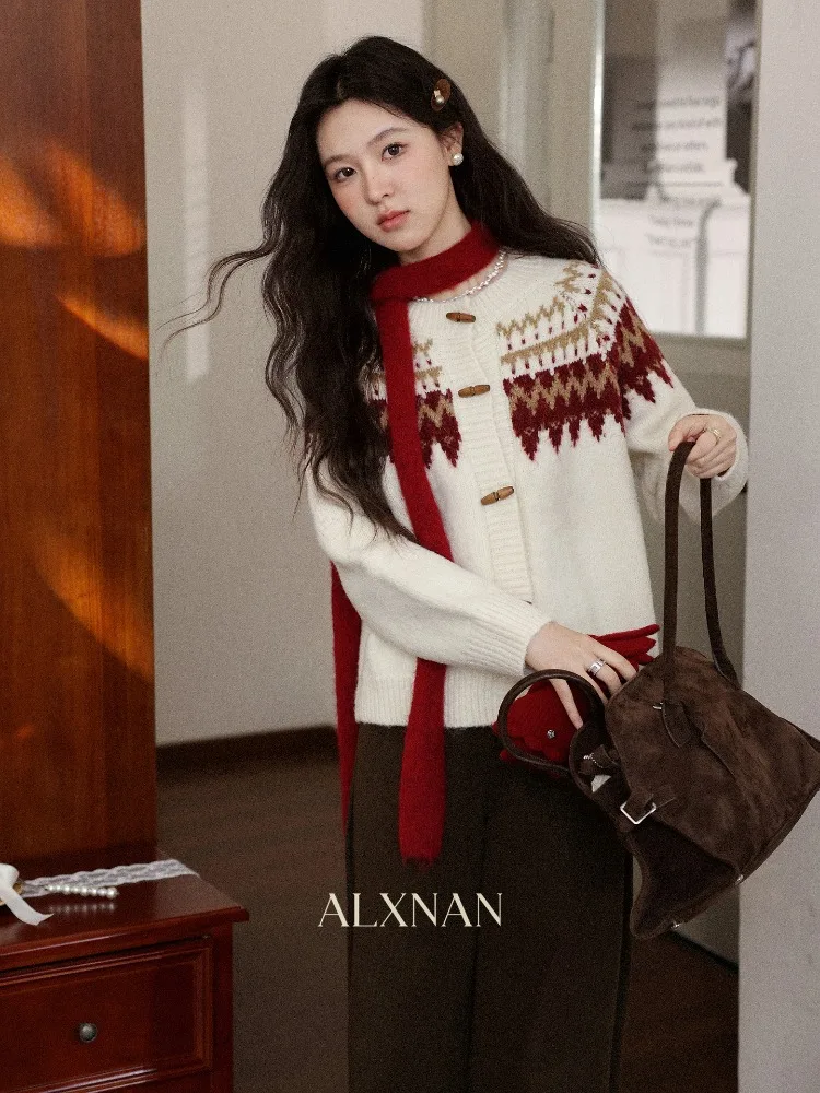 ALXNAN レディース カーディガン 秋冬 2025 ヴィンテージ フェアアイル ツイストニット カーディガン 暖かい カジュアル ルーズフィット 長袖 トップス L59228
