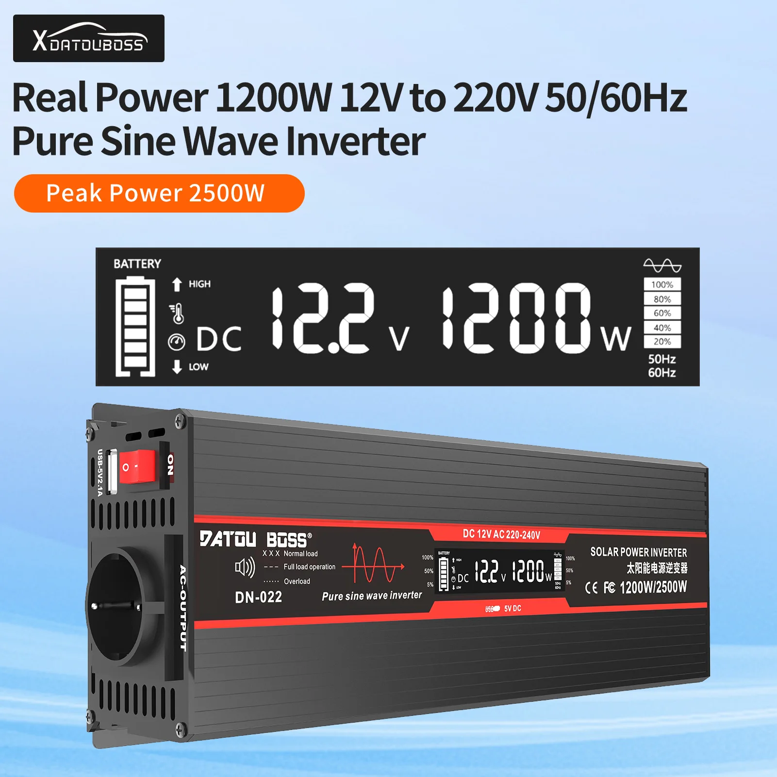 

DATOUBOSS Inverter Pure Sine 12v 220v Continuous 1200W, Peak 2500W, LCD Screen, Fan, EU Socket, Inverters 12v to 220v 50/60Hz