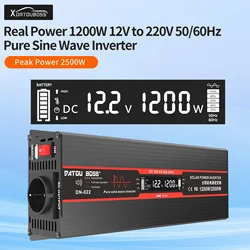 DATOUBOSS Inverter Pure Sine 12v 220v Continuous 1200W, Peak 2500W, LCD Screen, Fan, EU Socket, Inverters 12v to 220v 50/60Hz