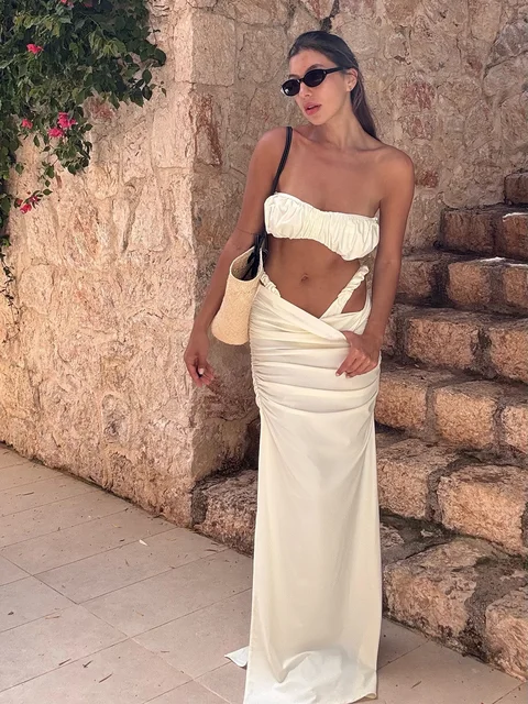 Ruched Bandeau Swimsuit Strapless 3 Piece White Bubble Bikini Sets White High-Cut Maxi Skirt Swimswear Luxury Beach Outfit K264