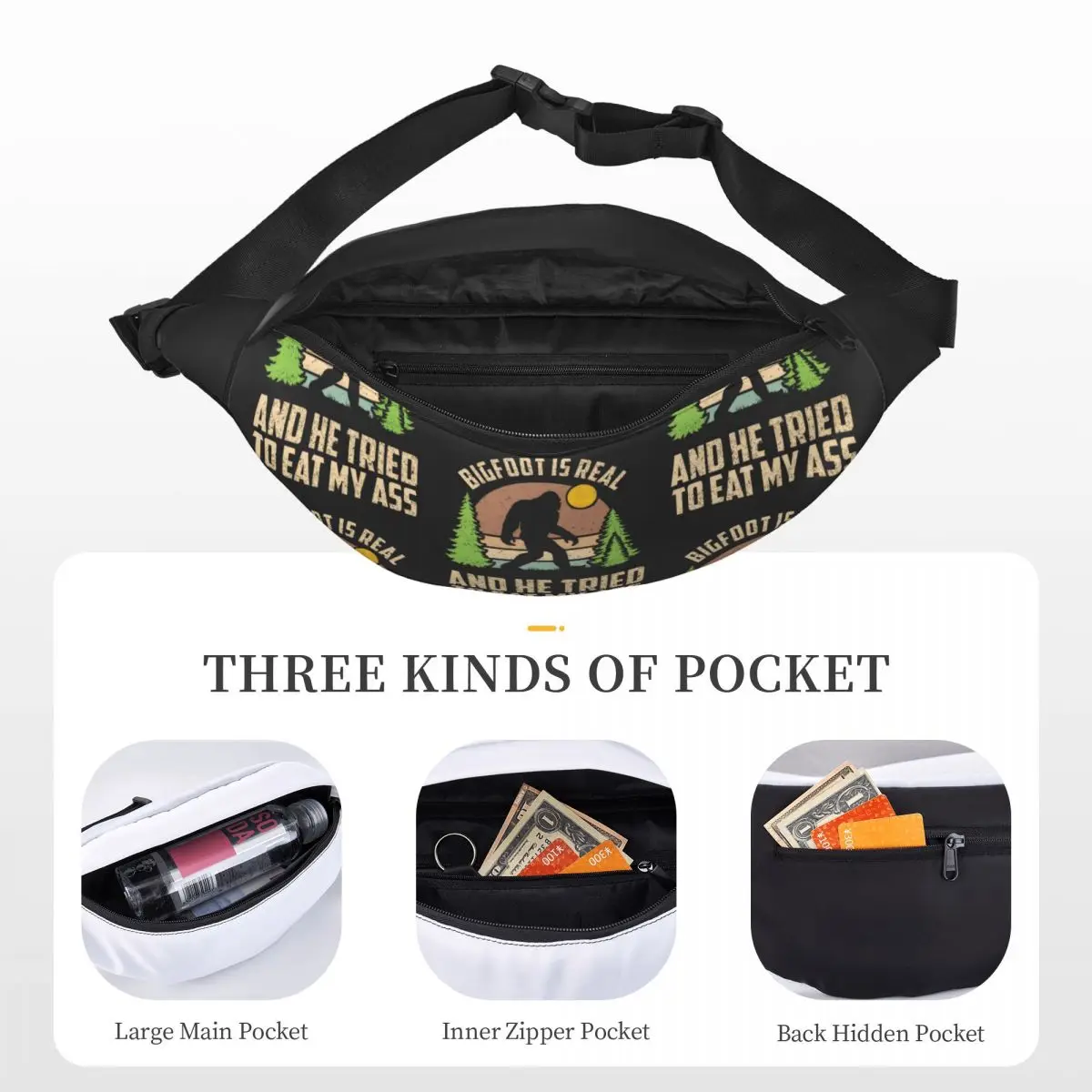 Multifuncional Sling Crossbody Bags, Waist Pack, Peito Malas, Short Trip Pack, Bigfoot é real e ele tentou comer minha bunda, Unisex