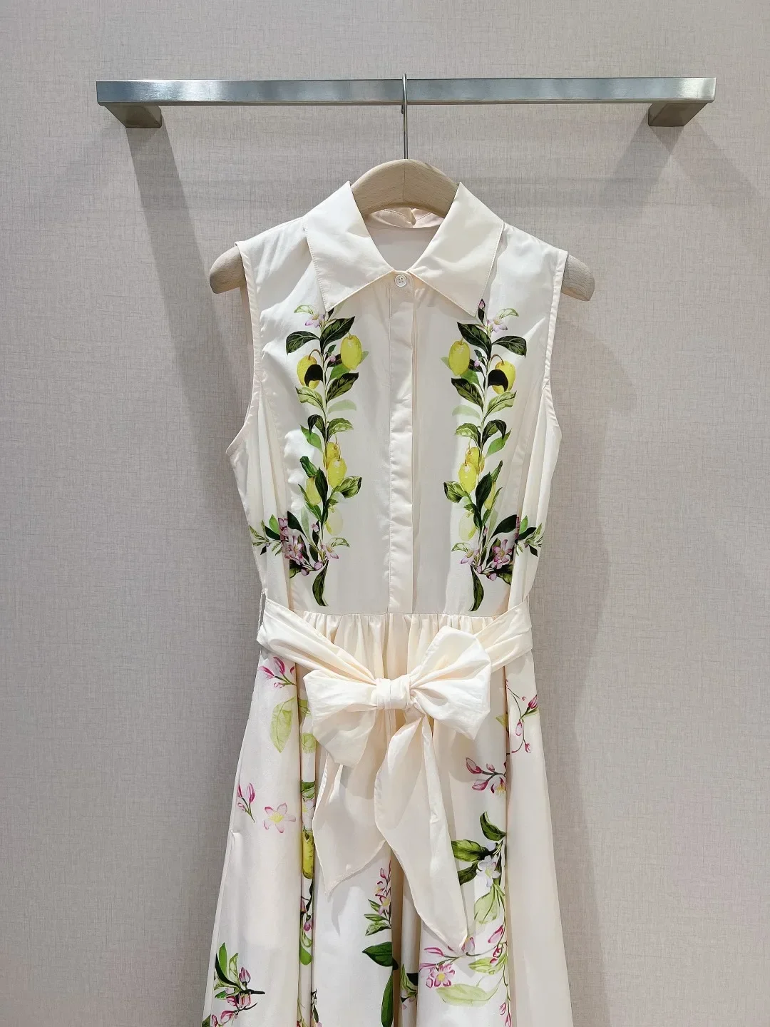 Colete com estampa de posição floral feminino Vestido Midi, algodão, laço automático, sem mangas, branco, limão, verão, novo