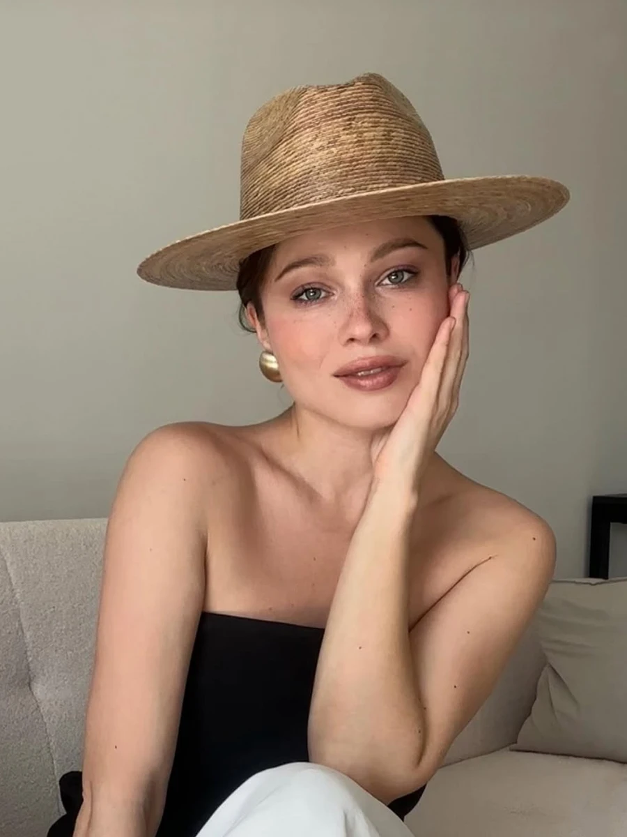 手織りヤシのわら帽子-ジャズスタイル-ハイトップ-夏休み-カジュアル-レディース-ファッション-アクセサリー-純粋なナチュラルブラウンカラー