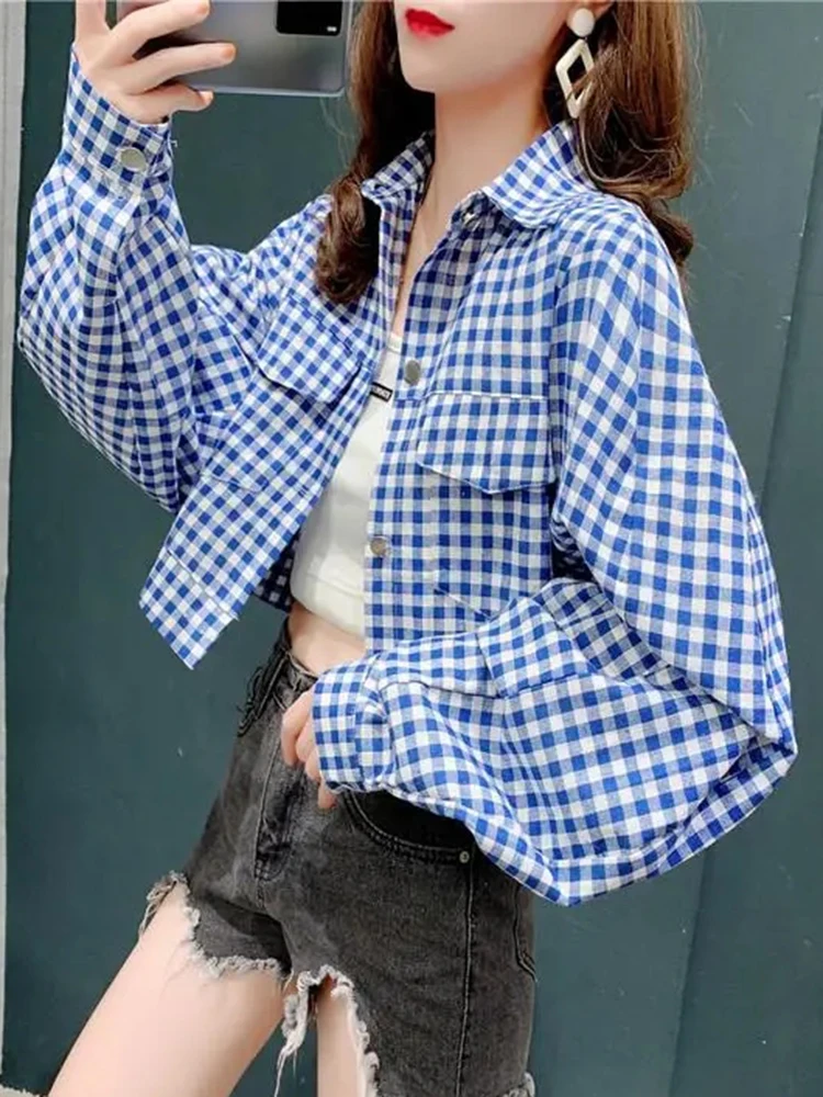 Jmprs Vintage Korean Plaid Shirt Women Loose Cropped Long Sleeve Blouse Casual Retro Turn Down Collar Female Harajuku Tops New