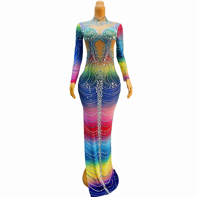 Women Catwalk Outfit Colorful Gradient Rhinestones Evening Dress Celebrate Party Prom Dresses Bar Ds Dj Stage Gogo Wear XS9103