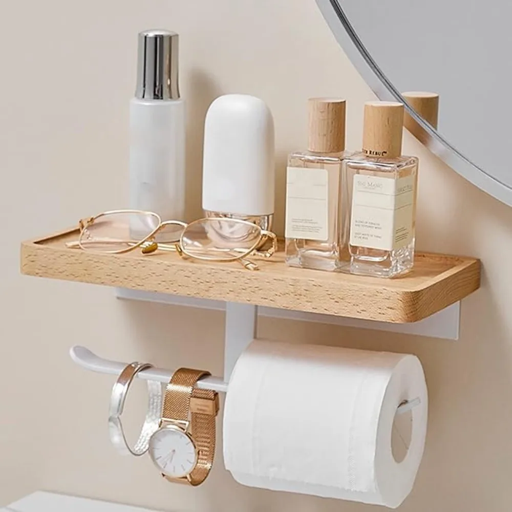 

Wooden Toilet Paper Holder Bathroom Wall Mount WC Paper Phone Holder Shelf Storage Towel Roll Shelf Home Accessories