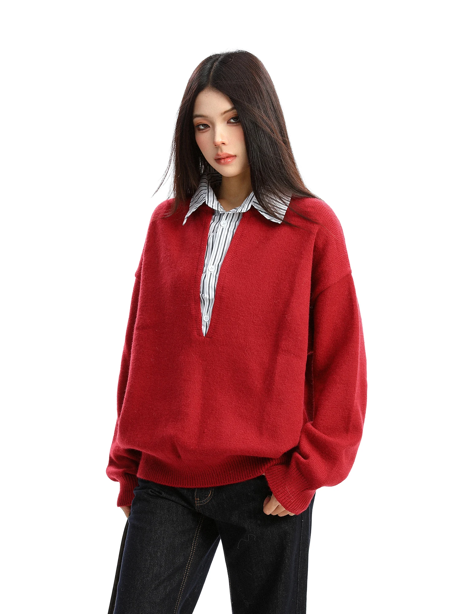 

Новогодний красный полосатый вязаный свитер для женщин, осенне-зимний, в стиле «ленивый шик», для пар, имитация двухслойного, мягкий, теплый, длинный топ