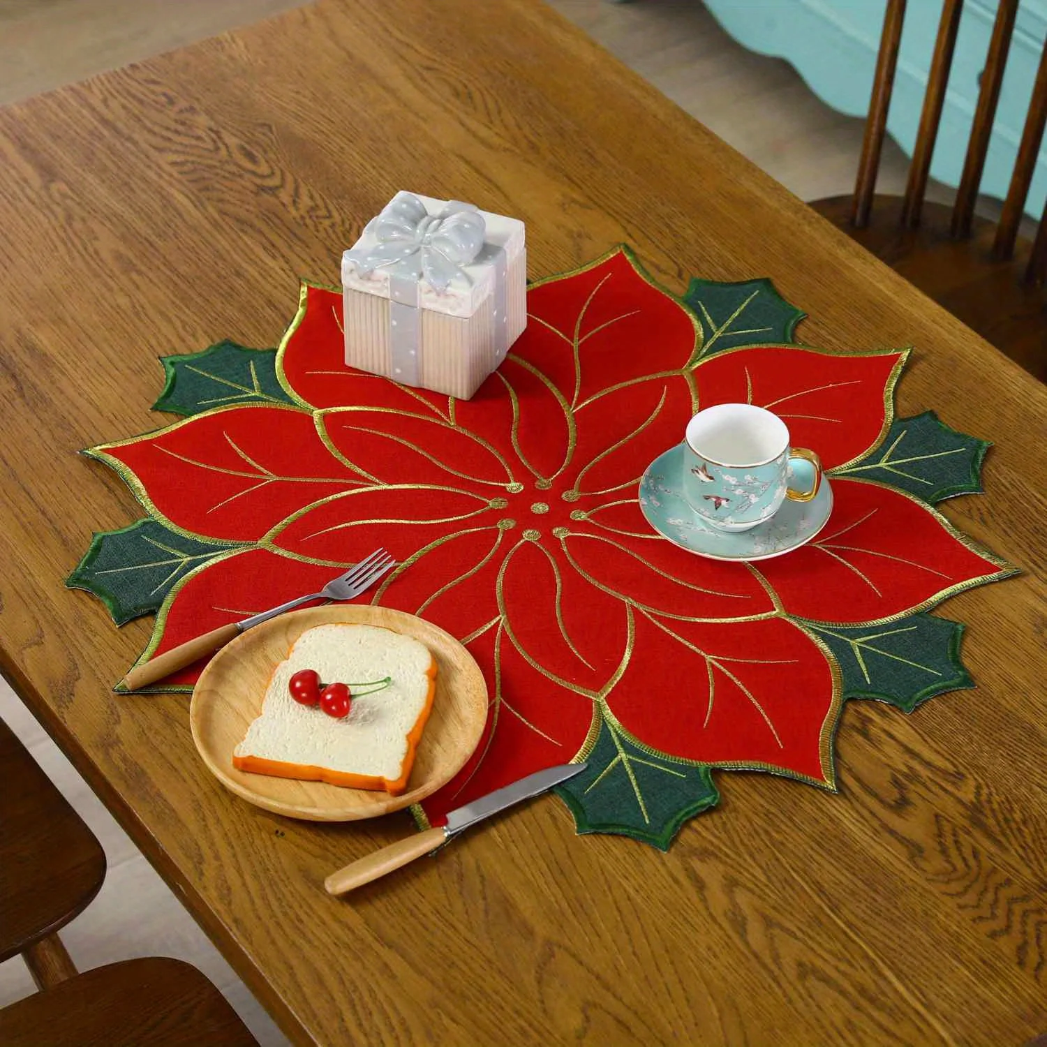 Christmas Party Holly Leaf Placemat,Red Embroidery Flower Table Coasters Kitchen Tablecloth,Furnishing Decoration Accessories