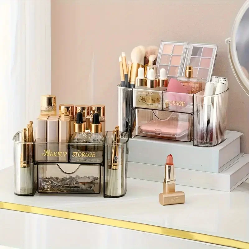 Organisateur d'outils cosmétiques Transparent à plusieurs niveaux avec tiroirs, boîte de rangement de pinceaux de maquillage de bureau, organisateur de papeterie de bijoux