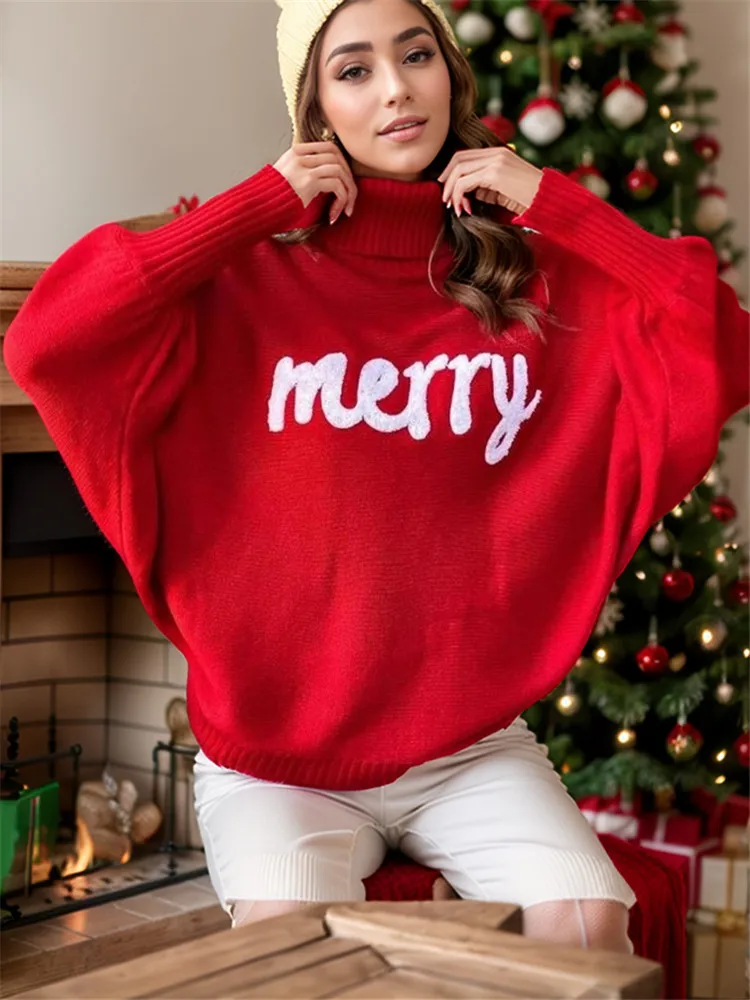 Merry Christmas Sweater Women High Neck Collar Knitted Sueter Mujer Ugly Red Lantern Sleeve Sweaters Turtleneck New Year Family