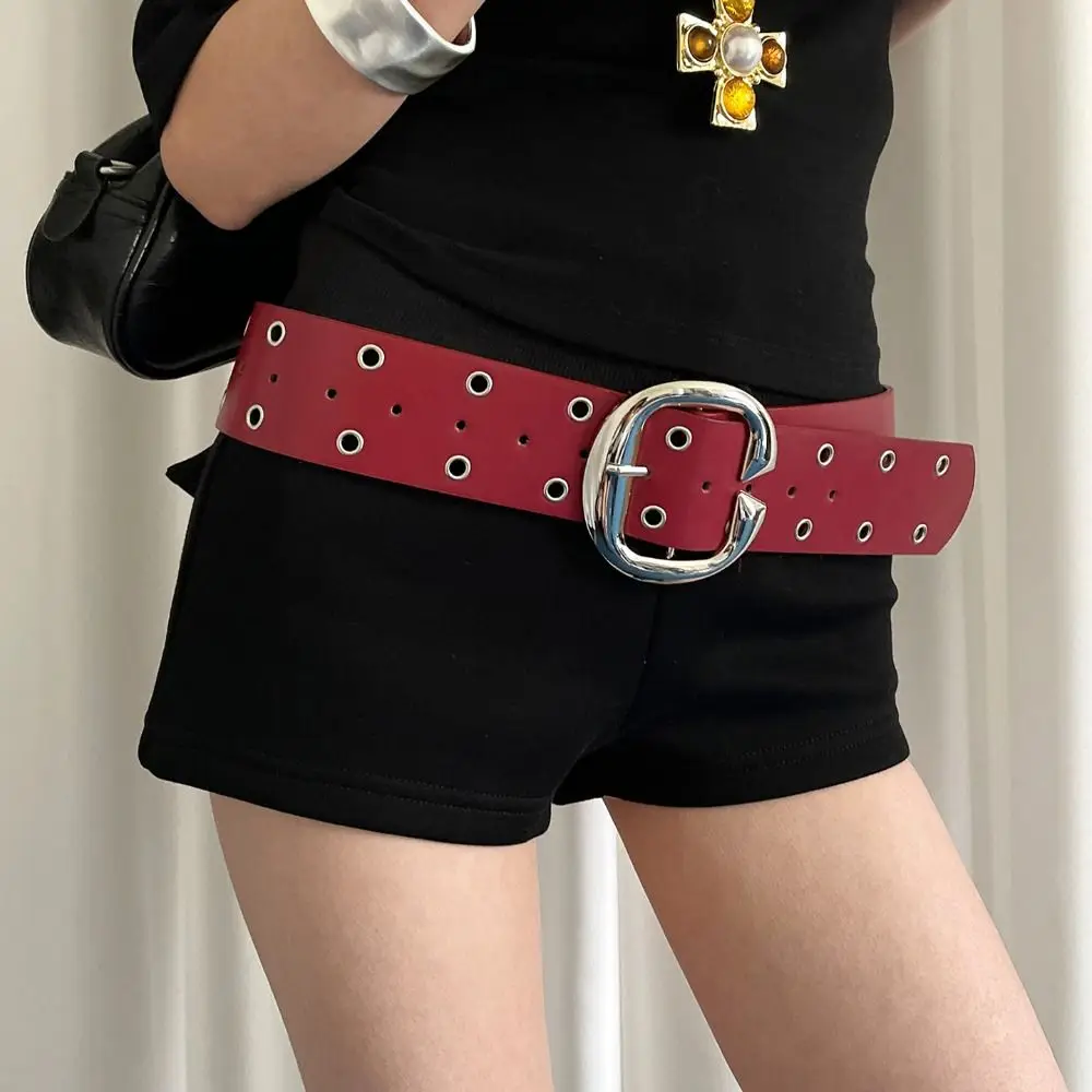 

Fashion Double-Row Hole Women Wide Belt Vintage Metal Buckle Leather Waistband Jeans Girdle All Match Punk Style Belt Men